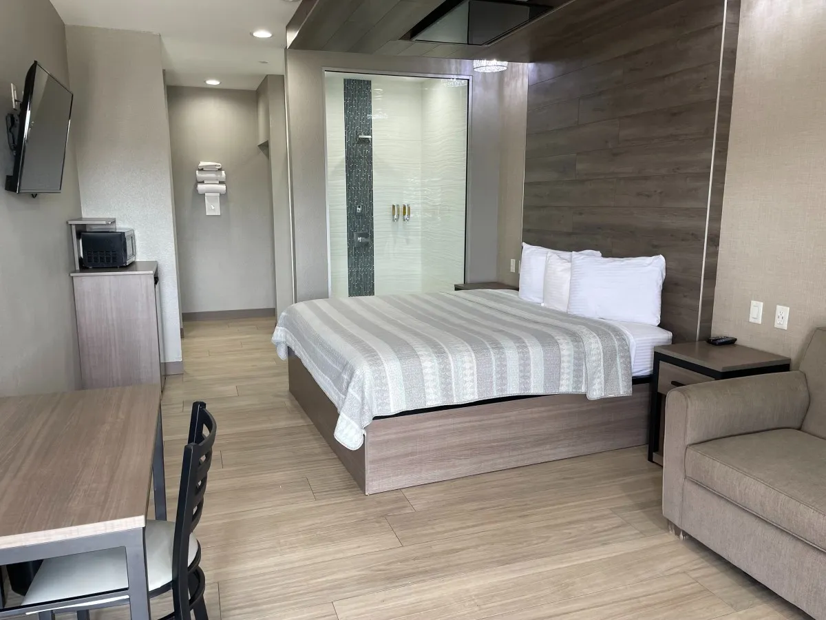 A hotel room with a bed, desk, chair, TV, and microwave.